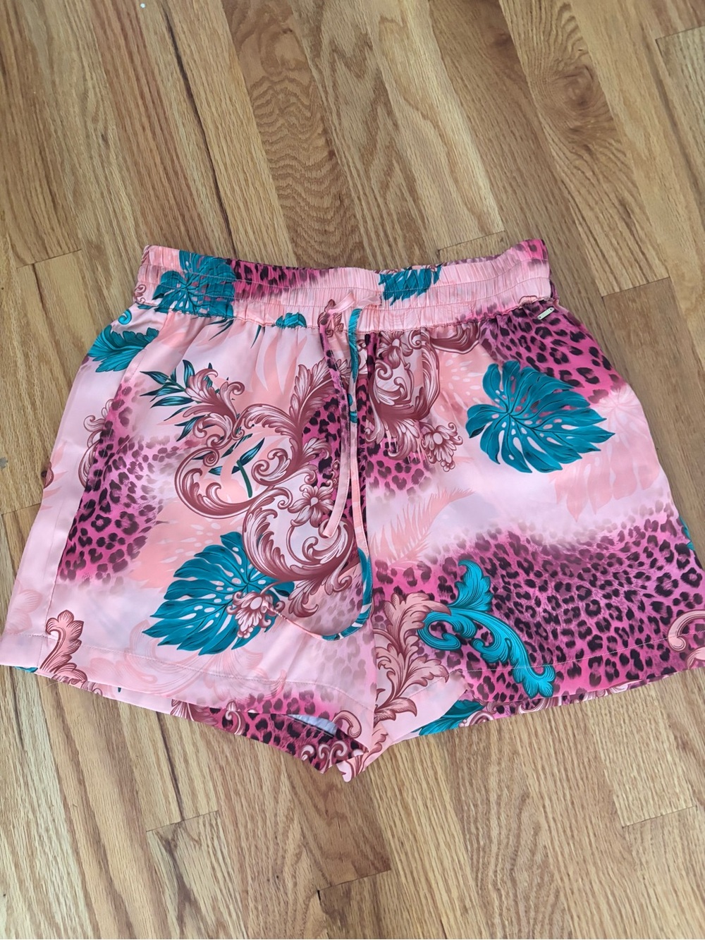 Guess Pink Shorts with Teal Leaf and Baroque Print